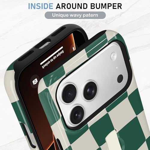 KANGHAR Compatible with iPhone 17 Pro Max Case Checkered -Green White | Silicone Cute Pattern, Finger Hold Wristband Kickstand Camera Protection Soft Slim Phone Case for Girls Women - color: (Checkered)Green White, size: iPhone 17 Pro Max