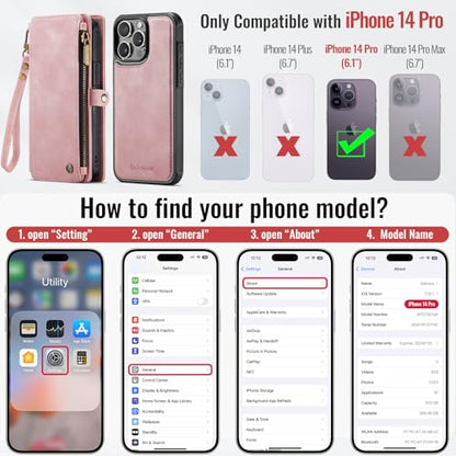Defencase for iPhone 14 Pro Case Wallet Compatible with Magsafe, Rose Pink | Drop-Proof Magnetic Detachable Phone Cases Cover, with RFID Bolcking Card Holder, Zipper Strap, PU Leather, Removable Wallet - color: (Detachable with Magsafe)-Pink
