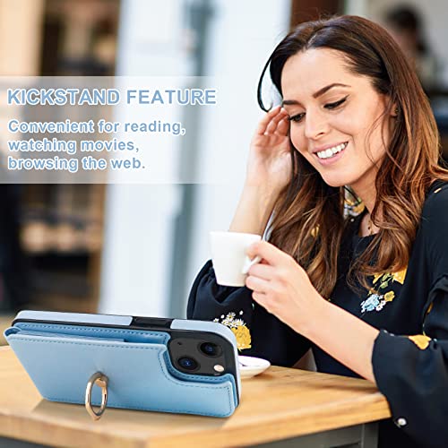 Folosu Compatible with iPhone 14 Case Wallet with Card Holder, 360°Rotation Finger Ring Holder Kickstand, RFID Blocking Leather Protective Double Buttons Shockproof Cover 6.1 Inch Blue - color: Blue, size: iPhone 14