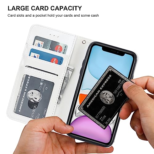 Bocasal Detachable Wallet Case Card Holder for iPhone 11, White | Kickstand Card Slots Holder PU Leather Magnetic Shockproof Wrist Strap Removable Flip Protective Cover 6.1 inch - color: White