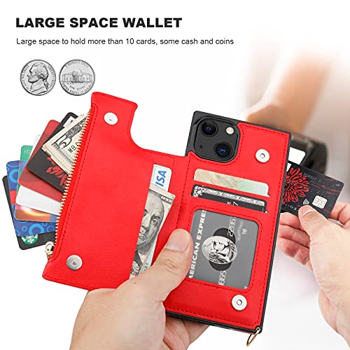 Bocasal Crossbody Wallet Case with Strap for iPhone 13/14, Red | RFID Blocking Card Slot Holder, Magnetic Flip Folio Purse Case, PU Leather Zipper Handbag Detachable Lanyard Strap 6.1 Inch - color: Red