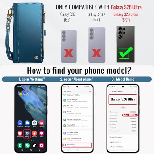 Defencase for Samsung Galaxy S26 Ultra Wallet Case with Card Holder, D-Blue | with RFID Blocking Zipper Pocket, Durable PU Leather, Wrist Strap, S26 Ultra Flip Phone Cases Cover with Stand for Women Men - color: Dark Blue