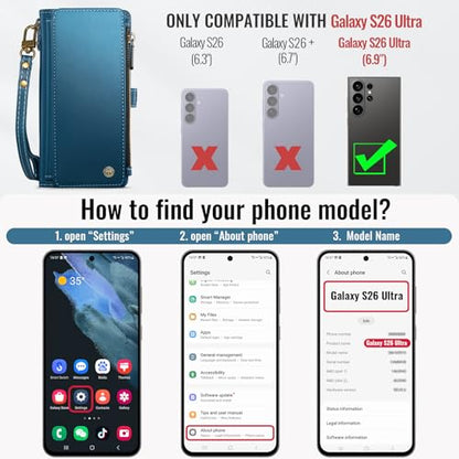 Defencase for Samsung Galaxy S26 Ultra Wallet Case with Card Holder, D-Blue | with RFID Blocking Zipper Pocket, Durable PU Leather, Wrist Strap, S26 Ultra Flip Phone Cases Cover with Stand for Women Men - color: Dark Blue