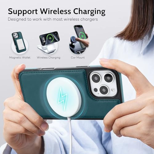 COBEAR for iPhone 15 Pro Max Case Wallet, 2-in-1 Magnetic Detachable, PU Leather, Zipper Pocket, Kickstand, Wrist Strap, Women Men Flip Wallet Case with Card Holder for iPhone 15 Pro Max, Blue Green