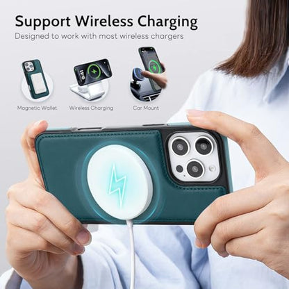 COBEAR for iPhone 15 Pro Max Case Wallet, 2-in-1 Magnetic Detachable, PU Leather, Zipper Pocket, Kickstand, Wrist Strap, Women Men Flip Wallet Case with Card Holder for iPhone 15 Pro Max, Blue Green