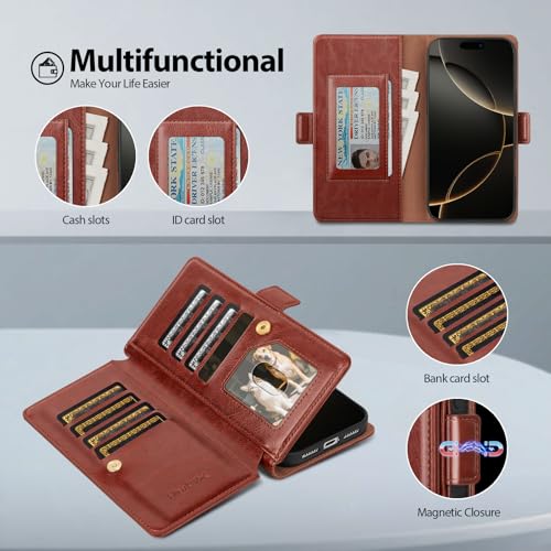 Compatible with iPhone 17 Pro Case Wallet with Card Holder [9 Card Slot] Women Men,RFID Blocking Luxury PU Leather Phone Case Flip Folio Protector Cover Credit Card Slot Kickstand,Brown - color: Brown, size: iPhone 17 Pro