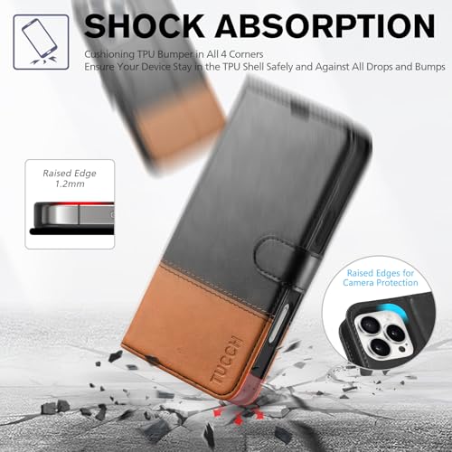 TUCCH Case Wallet for iPhone 16 Pro Max, RFID Blocking Folio, Black & Brown | 4 Card Holders, Kickstand, PU Leather, Magnetic Closure, Shockproof TPU Shell, Protective Flip Cover - color: Two-tone Black & Brown
