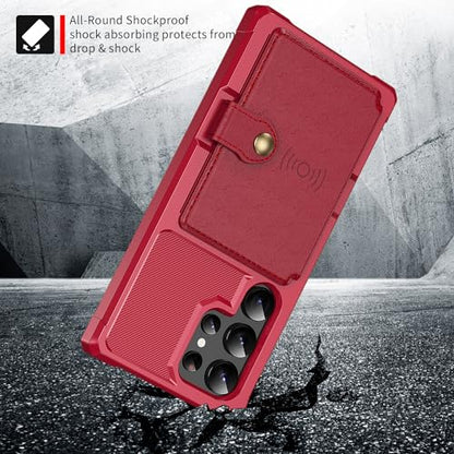 for Samsung Galaxy S24 Ultra Case with Card Holder, Compatible with Magnetic Car Mount, Heavy Duty Shockproof Rugged Soft TPU Back Leather Flip Wallet Cover 6.8 inch, Red | Compatible with Magnetic Car Mount, Shockproof Rugged Soft TPU Hard Back Leather W