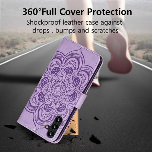 EYZUTAK Case for Samsung Galaxy A15 4G/5G, Premium Leather Magnetic Closure Flip Wallet Phone Case with Card Holder Cash Slot Stand Function Embossed Mandala Flower Shockproof Lanyard Cover - Purple - color: Purple, size: Samsung Galaxy A15 4G/5G