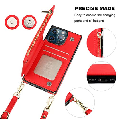 Bocasal Crossbody Wallet Case with Strap for iPhone 13 Pro, Red - color: Red