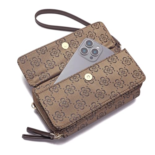 RFID Crossbody Wallet Wristlet Purse with Phone Pocket For Women Vegan Leather - color: Zh-jacquard-bronze
