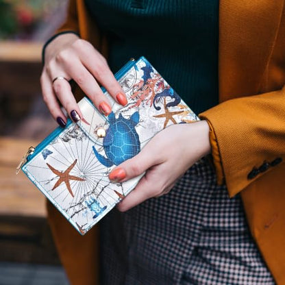 Travelambo RFID Wallet Women Large Size Bifold Multi Card Wallet Case with Zipper Pocke Credit Card Holder for Women - color: Blue Sea Turtle