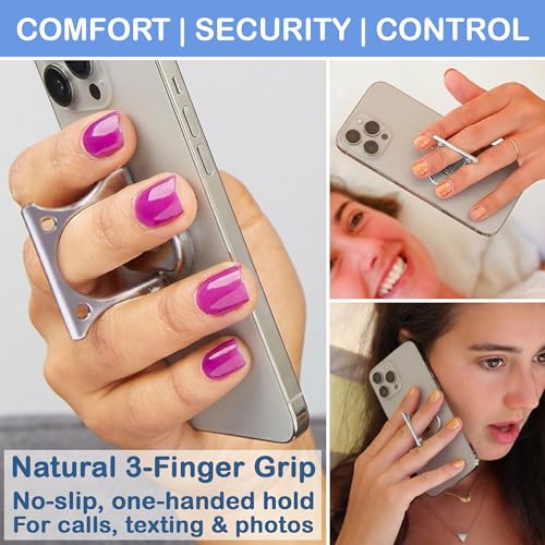Patented 3-Finger Phone Grip & Stand - Comfortable & Secure Loop Holder for iPhone & Android - Ultra-Slim Zinc Alloy - Magnetic Mount Ready - Cell Phone Ring Alternative [Silver Matte] - color: Matte silver