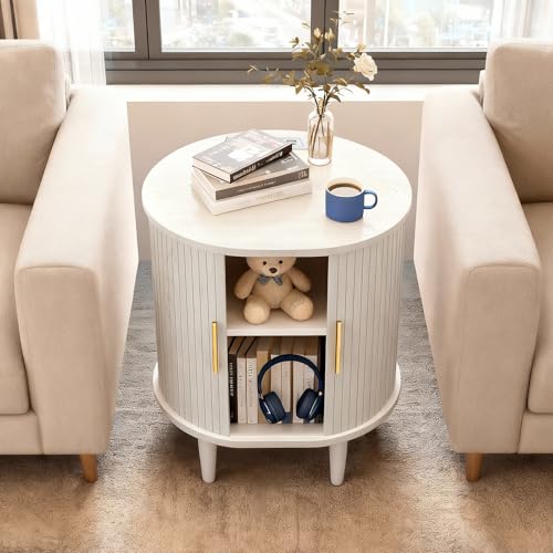DHH Mid Century Modern Nightstand with Charging Station, Fluted Accent Side Table with Sliding Door & Adjustable Shelf, End Table for Small Space, Living Room, Bedroom,Sofa Couch(1, White) - color: Grayish White