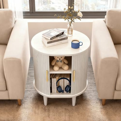 DHH Mid Century Modern Nightstand with Charging Station, Fluted Accent Side Table with Sliding Door & Adjustable Shelf, End Table for Small Space, Living Room, Bedroom,Sofa Couch(1, White) - color: Grayish White