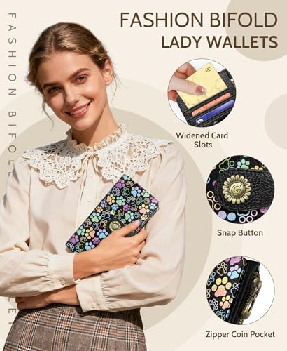 GIANCOMICS Puppy Dog Paw Womens Wallet RFID, Cute Credit Card Holder Bifold | Billfold, Cute Cash Purse, Travel Zipper Coin Pocket, Compact Clutch, PU Leather, ID Window, 11 Card Slots, Ladies Gift Woman - color: Colorful Paw