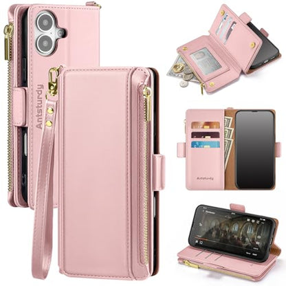 Antsturdy for iPhone 17 Phone Wallet Case Women,Pink | RFID Blocking,with Credit Card Holder Slots,PU Leather Purse,Zipper Pocket,Wrist Strap Kickstand,Flip Folio Cover for Men - color: Pink