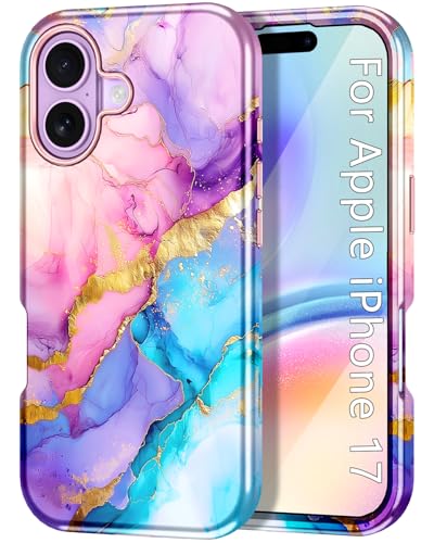 Btscase Compatible with iPhone 17 Case 6.3 Inch 2025,Marble Pattern 3 in 1 Heavy Duty Shockproof Full Body Rugged Hard PC+Soft Silicone Drop Protective Women Girl Phone Cases, Pink Blue - color: Pink Blue, size: iPhone 17