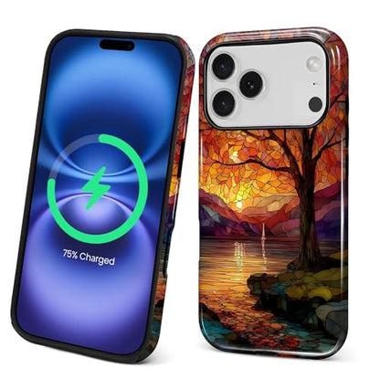 Magnetic Phone Case for iPhone 17 Pro,Compatible with MagSafe,Durable 2 Layers Full Covered Shockproof Protective Cover-Stained Glass Sunrise Fall Leaves - color: Stained Glass Sunrise Fall Leaves, size: iPhone 17 Pro
