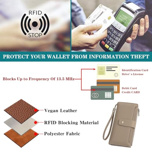GAEKEAO Womens Wallet RFID Blocking Large Capacity Vegan Leather Card Holder Wristlet Clutch with 32 Card Slots 4 ID Windows - color: X06-Khaki