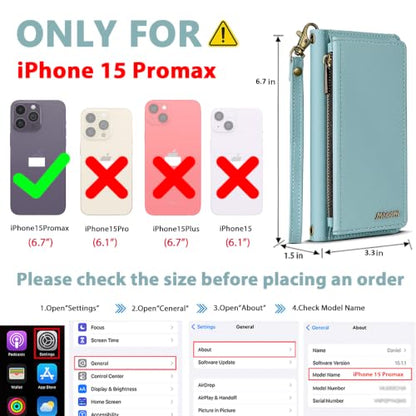 for iPhone 15 Pro Max Wallet Case, Detachable Magnetic Shockproof Phone Case,Faux Leather Crossbody Wallet,with RFID Blocking，Zipper Card Holder，Shoulder Strap (Blue) - color: Blue, size: iPhone 15 Pro Max