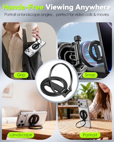 CloudValley Magnetic Phone Grip Holder for MagSafe, Slim Removable [Soft Finger Strap] Ring Stand Kickstand for iPhone 17/16/15/14/13/12 Series Compatible with Mag Car Mounts, Black