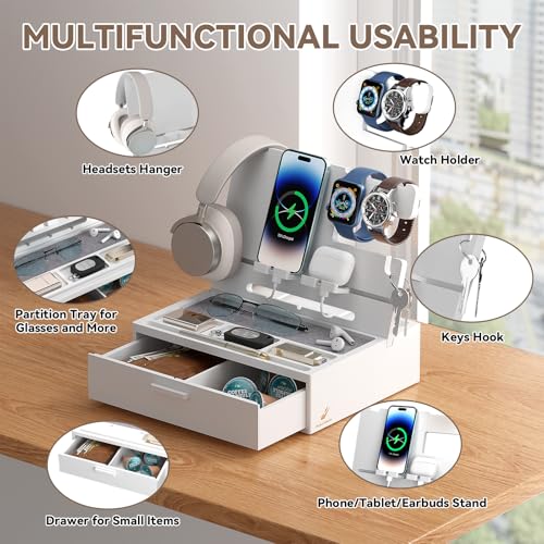 Pezin&Hulin Docking Station with Drawer, Nightstand Organizer (White) - color: White