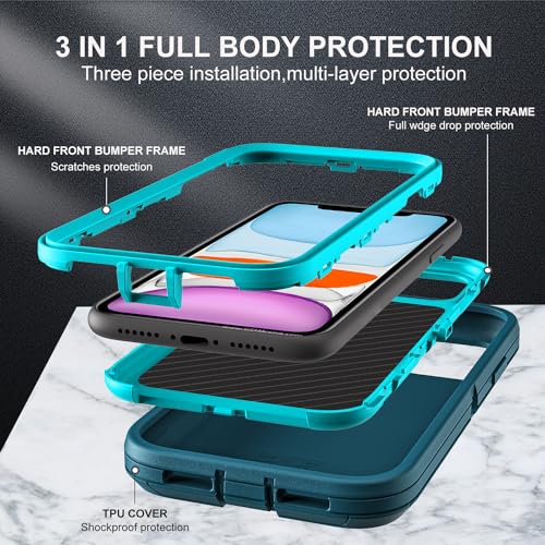 YKHJKLEC for iPhone 11 Case, Military Grade 3 in 1 Heavy Duty Shockproof/Drop Proof/Dust Proof Case with 2Pcs Tempered Glass Screen Protector (Blue/Turquoise) - color: Blue/Turquoise