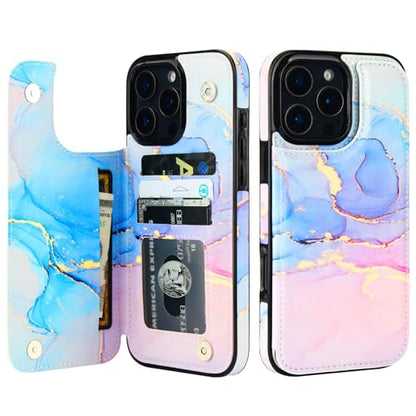 HAOPINSH for iPhone 16 Pro Max Wallet Case with Card Holder, Pink Blue Marble Pattern Back Flip Folio PU Leather Kickstand Card Slots Case for Women Girls, Double Magnetic Clasp Shockproof Cover 6.9" - color: Pink Blue Marble