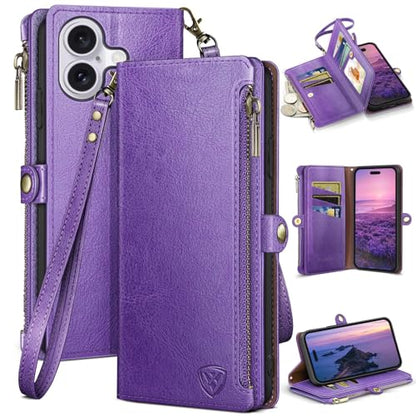 XcaseBar Compatible with iPhone 16 Plus 6.7" Wallet case with Zipper Credit Card Holder【RFID Blocking】,Flip Folio Book PU Leather Phone case Shockproof Cover Women Men for Apple 16 Plus case Purple - color: Purple