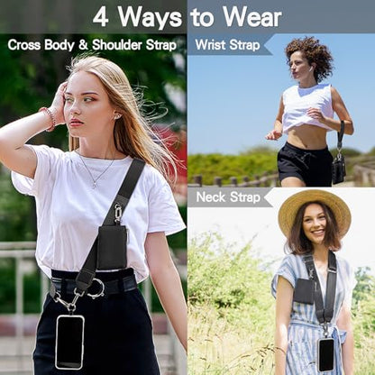 Clip and Go Phone Strap Crossbody with Zipper Wallet, 2 Pcs-Crossbody Lanyard & Wrist Strap-1 Pad, 2 Wallets, Save Girls Phone Strap with Pouch, Universal Lanyard Cellphone Holder (Black) - color: 2 Bags Phone Strap-black