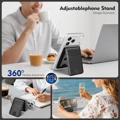 RFID Blocking MagSafe Wallet Stand with Card Holder,5 Card Slots & ID Window,PU Leather Magnetic Phone Adjustable Kickstand for iPhone 12/13/14/15/16/17 Pro Max & Air Plus Series,Carbon Black - color: Carbon Black, style: Stand Wallet