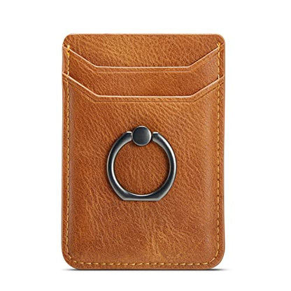 Card Holder Sleeve with Ring, RFID Credit Wallet Synthetic Leather Stick On Back Grip for iPhone Samsung Smartphone - Brown - color: Cow Brown
