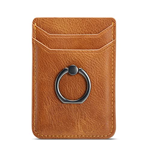 Card Holder Sleeve with Ring, RFID Credit Wallet Synthetic Leather Stick On Back Grip for iPhone Samsung Smartphone - Brown - color: Cow Brown