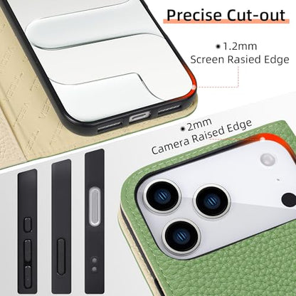 VISOUL Pebbled Leather Wallet Case for iPhone 17 Pro Max 6.9" 2025, Genuine Leather Flip Folio Cover with RFID Blocking Card Holders, Kickstand, Soft TPU Protective Flip Cover -Green+Milky White - color: Green+Milky White