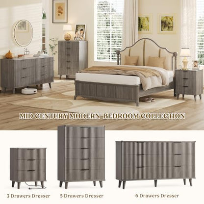 Lulive Wood Bedside Table w/Charging Station, 3 Drawers Fluted Dresser - color: Dark Grey, size: 3 Drawers-Set of 1 Nightstand