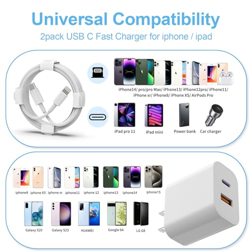 20W Dual Port Fast Charger Block 2-Pack with 6FT & 10FT MFi-Certified Cables, PD/QC3.0 Quick Charge Adapter for iPhone 14/13/12/11 Pro Max/XS/XR/X, iPad, AirPods Pro - Overheat & Surge Protection