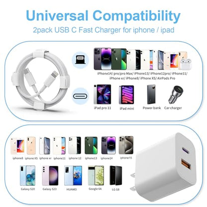 20W Dual Port Fast Charger Block 2-Pack with 6FT & 10FT MFi-Certified Cables, PD/QC3.0 Quick Charge Adapter for iPhone 14/13/12/11 Pro Max/XS/XR/X, iPad, AirPods Pro - Overheat & Surge Protection