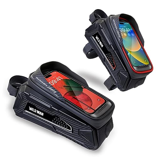 WILD MAN Hard Shell Bike Phone Frame Bag Waterproof Top Tube Bike Phone Bag with Sensitive Touch Screen for Road Mountain MTB Cycling(M30,Black) - color: Black