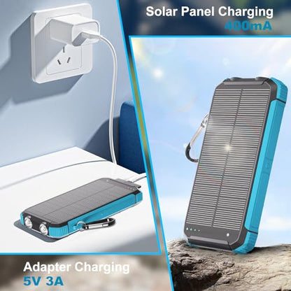 Solar Charger Power Bank 20000mAh, Wireless Fast Charging Battery Pack with 3 Built-in Cables & USB-C Input, Dual LED Flashlights, Portable Phone Charger for Camping, Travel & Emergency Use - color: Blue