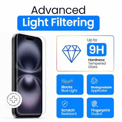 Ocushield Anti Blue Light Tempered Glass Screen Protector of iPhone 16 Plus (6.7")– Blocks Blue Light, Prevents Eye Strain & Helps You Sleep Better, 9H Hardness & Case Friendly - size: iPhone 16 Plus (6.7")