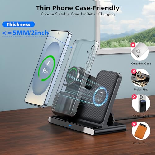 Samsung S25 Wireless Charger Station,3 in 1 Wireless Charger for Samsung Galaxy S25 Ultra/S24/S23/Z Fold/Flip 7/6/5,for Galaxy Watch 8/7/6/5/Pro,buds, Charging Station for iPhone 17/16/15 with Adapter