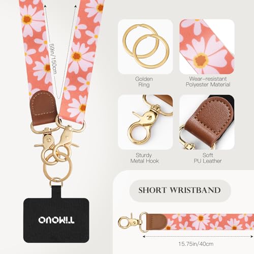 TiMOVO Phone Lanyard Crossbody Wrist Strap, Adjustable Anti-Theft Strap for Smartphone Case - color: Orange +Pink Flowers
