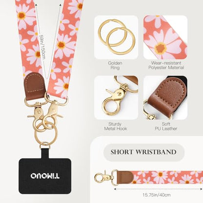 TiMOVO Phone Lanyard Crossbody Wrist Strap, Adjustable Anti-Theft Strap for Smartphone Case - color: Orange +Pink Flowers