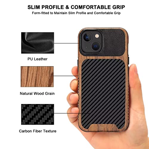 TENDLIN Magnetic Case Compatible with iPhone 14 Case Wood Grain with Carbon Fiber Texture Design Leather Hybrid Slim Cover (Compatible with MagSafe) Black - color: Magnetic Black, size: iPhone 14