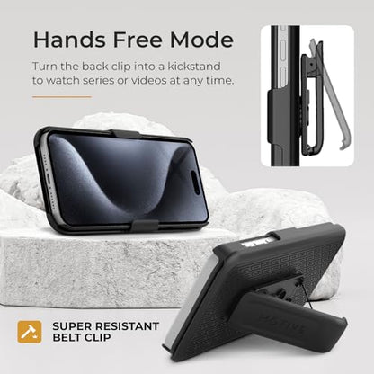 MOTIVE for iPhone 15 Pro Case with Belt Clip, Rigid, Kickstand | 6.1" | Ranger v1 Series, Black, 360° holster, open-top/open-bottom port access, textured grip, slim - size: iPhone 15 Pro