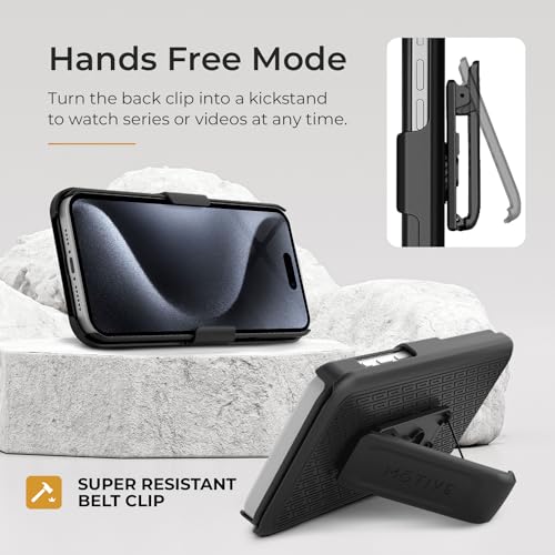 MOTIVE for iPhone 15 Pro Case with Belt Clip, Rigid, Kickstand | 6.1" | Ranger v1 Series, Black, 360° holster, open-top/open-bottom port access, textured grip, slim - size: iPhone 15 Pro
