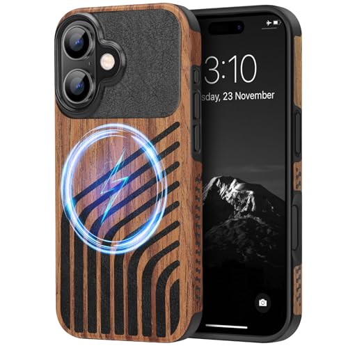 TENDLIN Magnetic Case Compatible with iPhone 16 Phone Case Wood Grain with Carbon Fiber Texture Design Leather Hybrid Slim Cover (Compatible with MagSafe) Hairline - color: Magnetic Hairline, size: iPhone 16