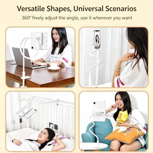 2-in-1 Gooseneck Phone & Tablet Holder for Bed, Flexible Clamp Mount & Overhead Stand for Desk & Headboard, Compatible with iPhone 17/16/15/14 and 4–10.6" Devices (White) - color: White