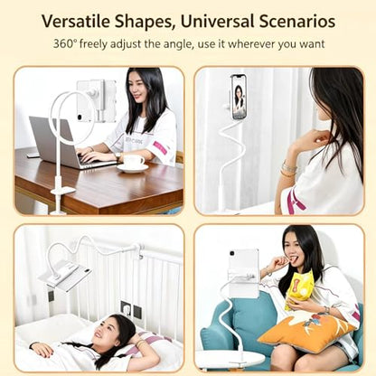 2-in-1 Gooseneck Phone & Tablet Holder for Bed, Flexible Clamp Mount & Overhead Stand for Desk & Headboard, Compatible with iPhone 17/16/15/14 and 4–10.6" Devices (White) - color: White